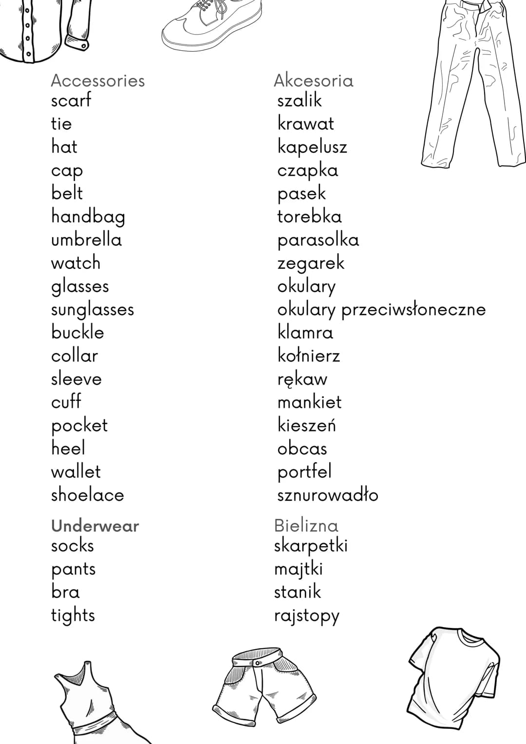 shirt
jumper/sweater
trousers
skirt
dress
T-shirt
jacket
suit
coat
raincoat
swimsuit
slippers
sweatshirt
CLOTHES
boots
suit
shoes
jeans
hood