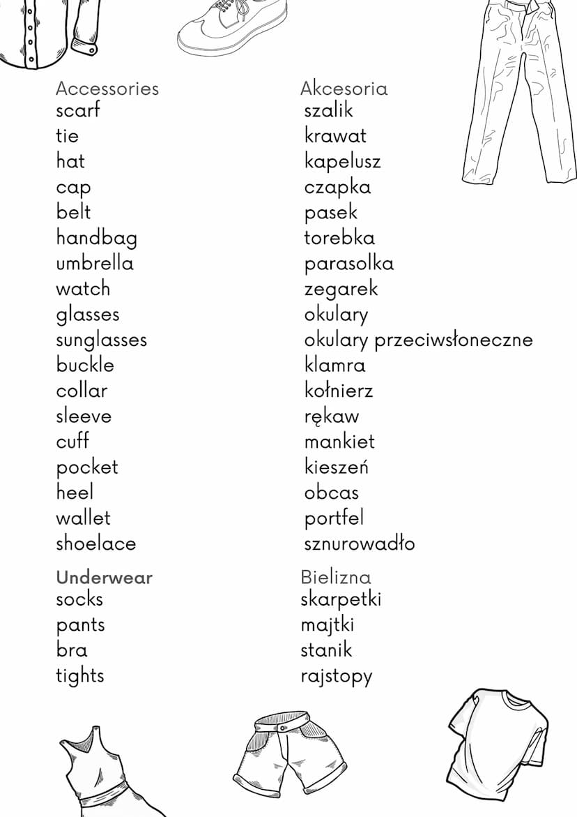 shirt
jumper/sweater
trousers
skirt
dress
T-shirt
jacket
suit
coat
raincoat
swimsuit
slippers
sweatshirt
CLOTHES
boots
suit
shoes
jeans
hood