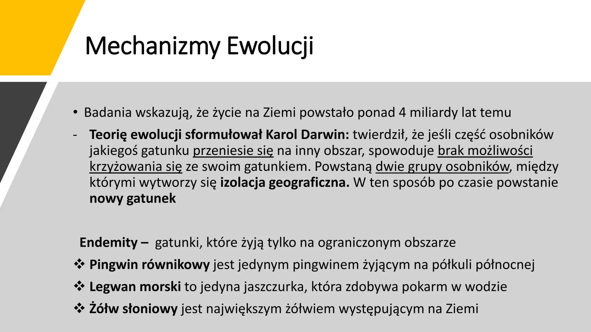 EWOLUCJA Ewolucja - proces stopniowych, ciągłych zmian organizmów,
prowadzący do powstawania nowych gatunków
Ewolucję potwierdzają bezpośred