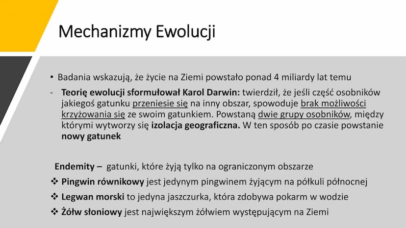 EWOLUCJA Ewolucja - proces stopniowych, ciągłych zmian organizmów,
prowadzący do powstawania nowych gatunków
Ewolucję potwierdzają bezpośred