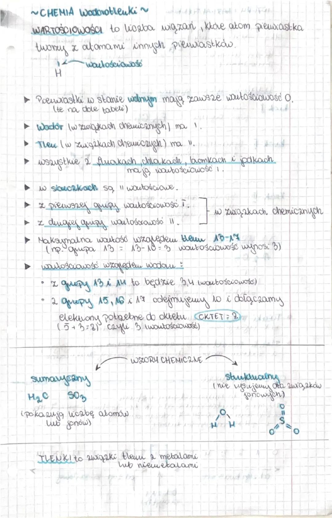 ~CHEMIA Wadovotleuki~
WARTOŚCIOWOŚCI to liczba wiązań, klae atom piewiastka
tworzy z atomami innych pierwiastków.
H
Woulościowośc
Prewiastki