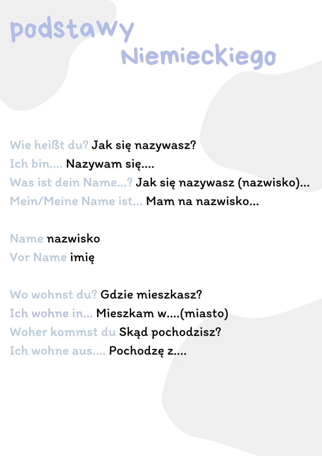 podstawy
Niemieckiego
Wie heißt du? Jak się nazywasz?
Ich bin.... Nazywam się....
Was ist dein Name...? Jak się nazywasz (nazwisko)...
Mein/