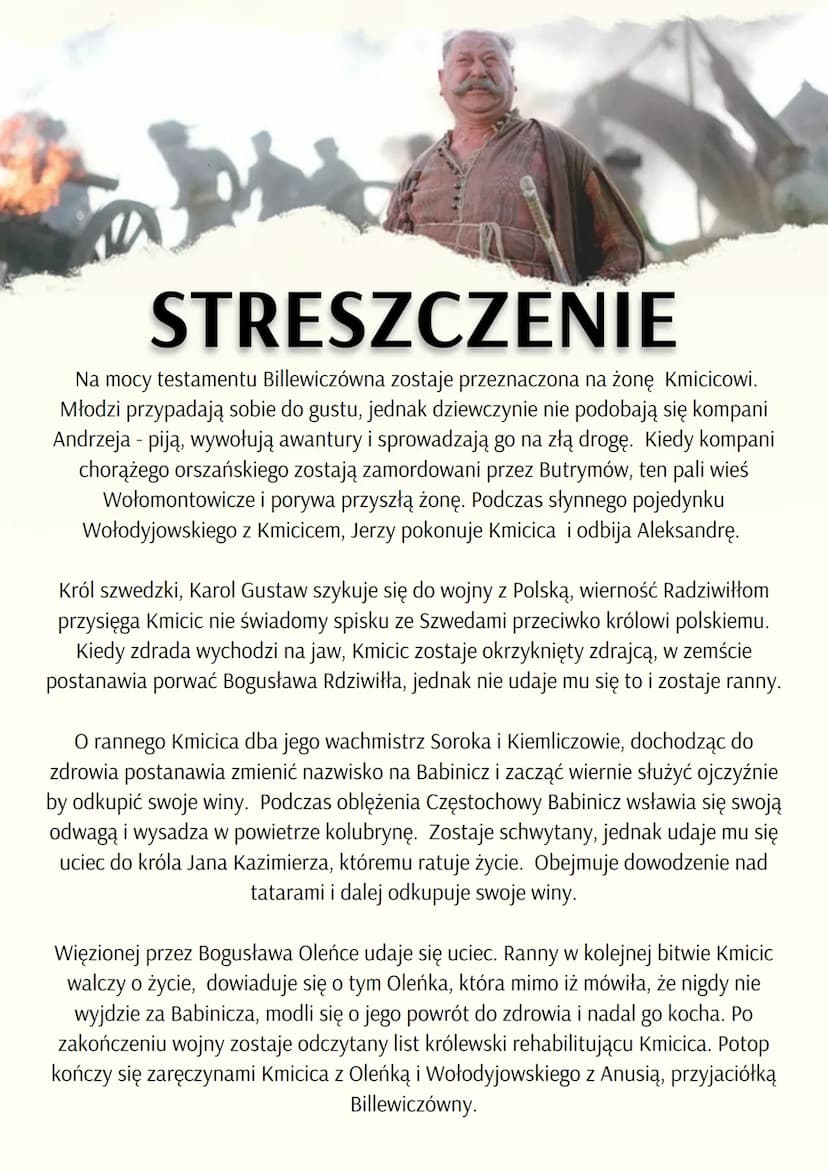 100
POTOP
TRYLOGIA
Ogniem i Mieczem (1884r)
Potop (1886r)
Pan Wołodyjowski (1887r)
CZAS I MIEJSCE AKCJI
lata 1655-1657, tereny
Rzeczypospoli