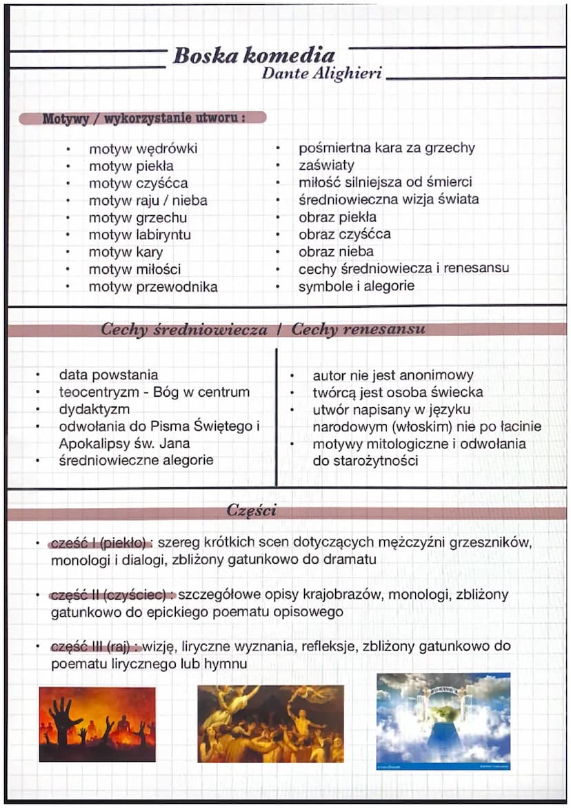 Boska komedia
Epoka literacka: średniowiecze
Dante Alighieri.
Gatunek: poemat epicki (obszerny wierszowany utwór narracyjny)
Czas i miejsce 