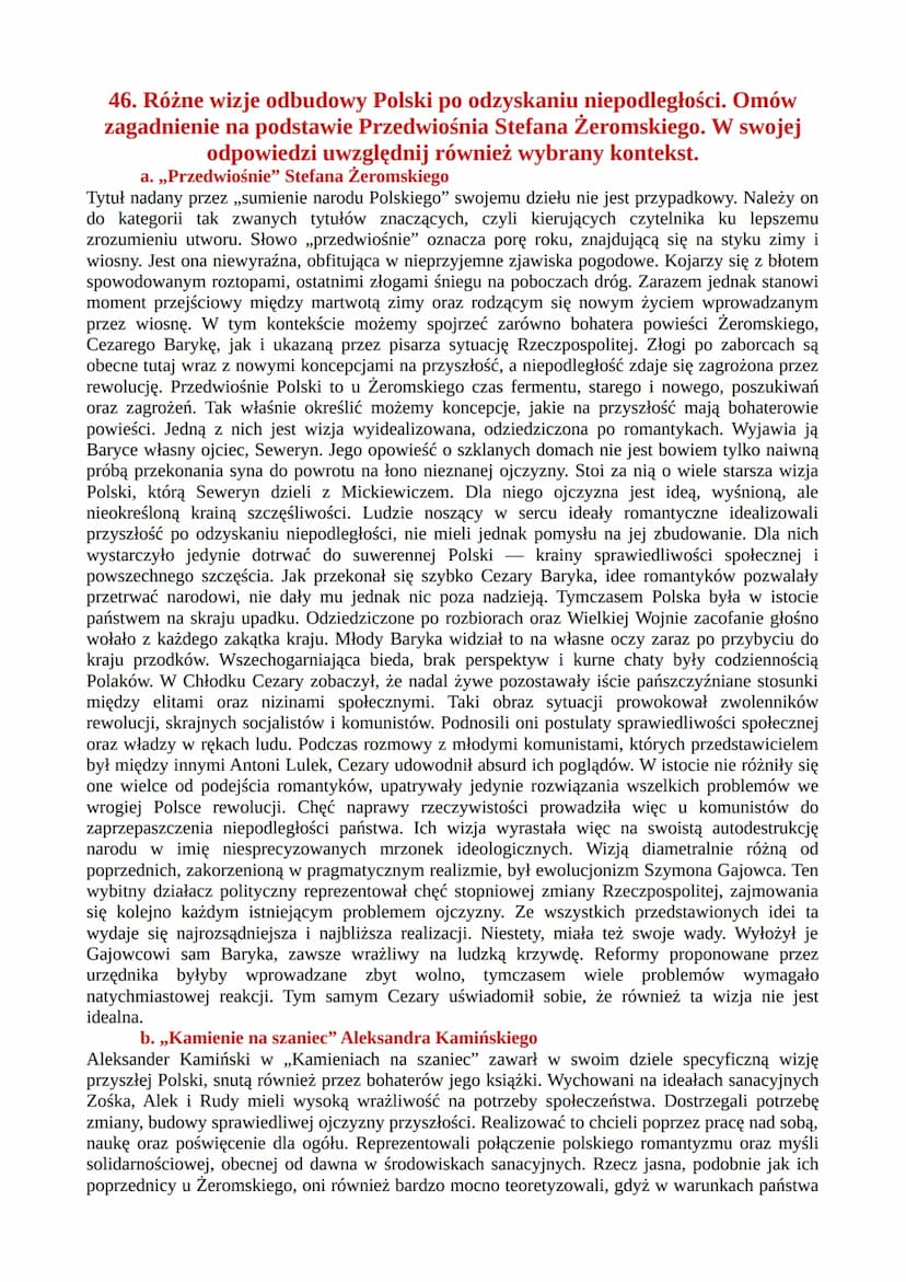 PYTANIA JAWNE
„PRZEDWIOŚNIE” STEFANA ŻEROMSKIEGO
44. Jakie znaczenie ma tytuł dla odczytania sensu utworu? Omów
zagadnienie na podstawie Prz