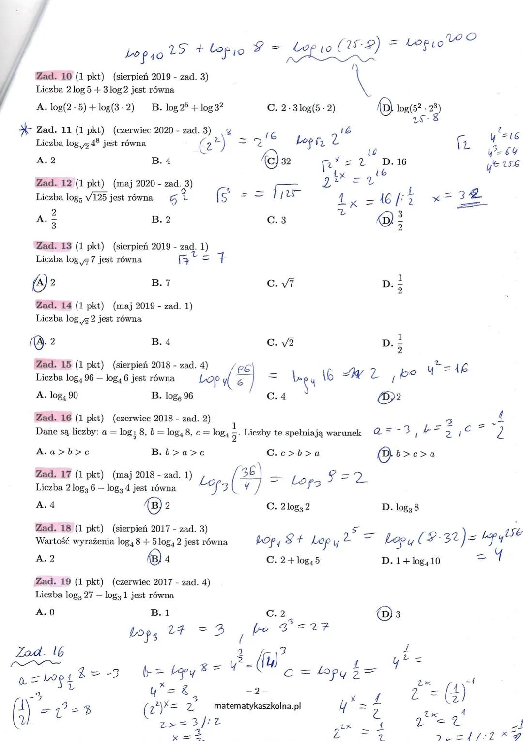 Zad. 1 (1 pkt) (pokazowy 2023 - zad. 2)
Wartość wyrażenia log7 98- log7 2 jest równa
A. 7
(B) 2
A. 2
--12)
Zad. 3 (1 pkt) (wrzesień 2022 - z