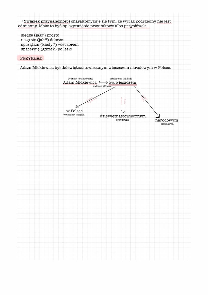 Wyrazy łączą się ze sobą, tworząc związki.
1. Pierwszy związek to związek główny (między podmiotem a orzeczeniem), np.:
Skawiński tułał się.