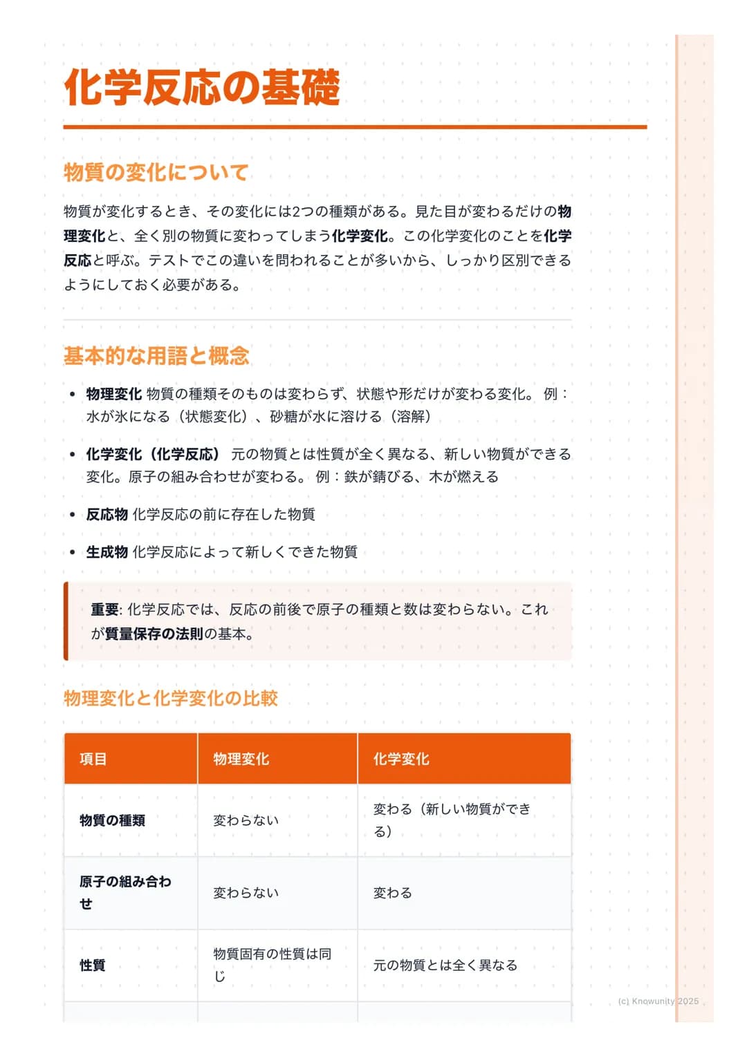 ## 化学反応の基礎

### 物質の変化について
物質が変化するとき、その変化には2つの種類がある。見た目が変わるだけの物理変化と、全く別の物質に変わってしまう化学変化。この化学変化のことを化学反応と呼ぶ。テストでこの違いを問われることが多いから、しっかり区別できるようにしてお