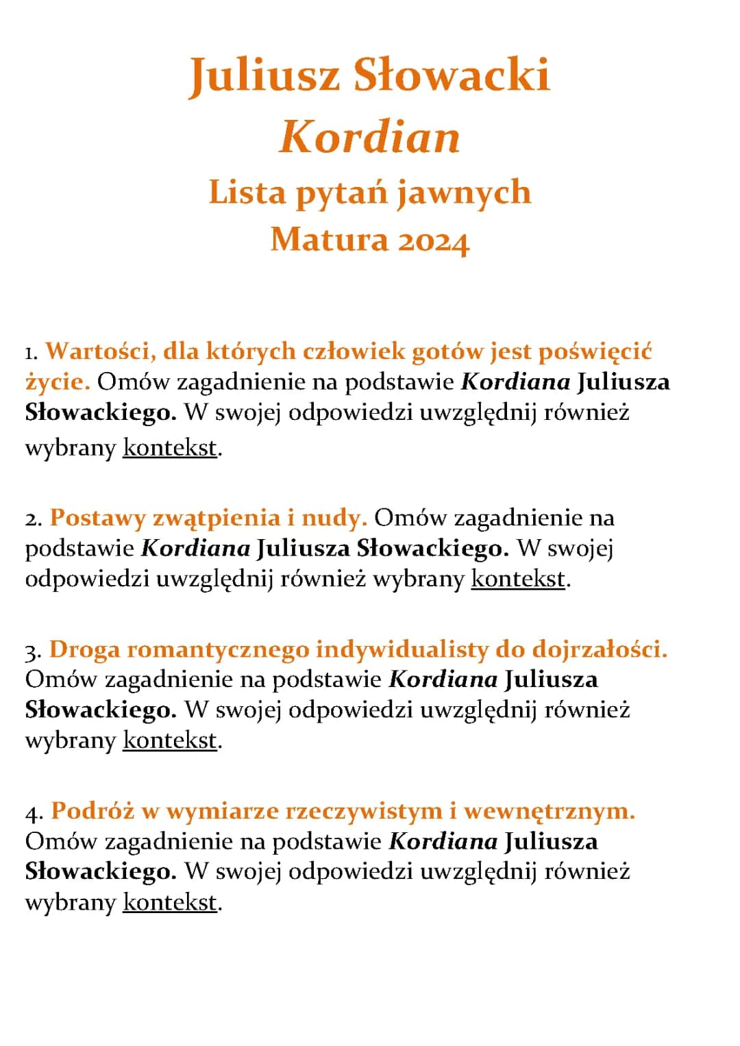 Kordian pytania jawne 2024 matura CKE PDF odpowiedzi