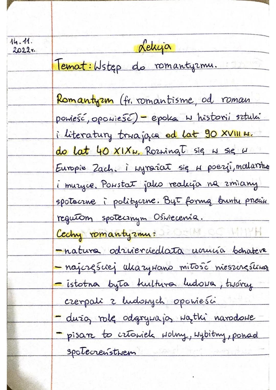 14.11.
2022r.
Lekija
Temat: Wstęp do romantyzmu.
Romantyzm (fr. romantisme, od roman
powieść opowieść) - epoka w historii sztuki
i literatur