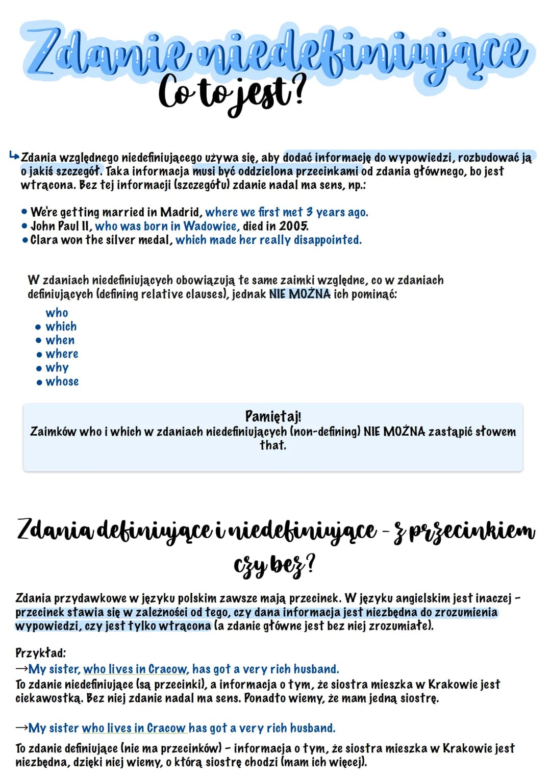 <h2 id="zaimkiwzgldneangielski">Zaimki względne angielski</h2>
<p>Zdania niedefiniujące<br />
Co to jest?<br />
Zdania względnego niedefiniu