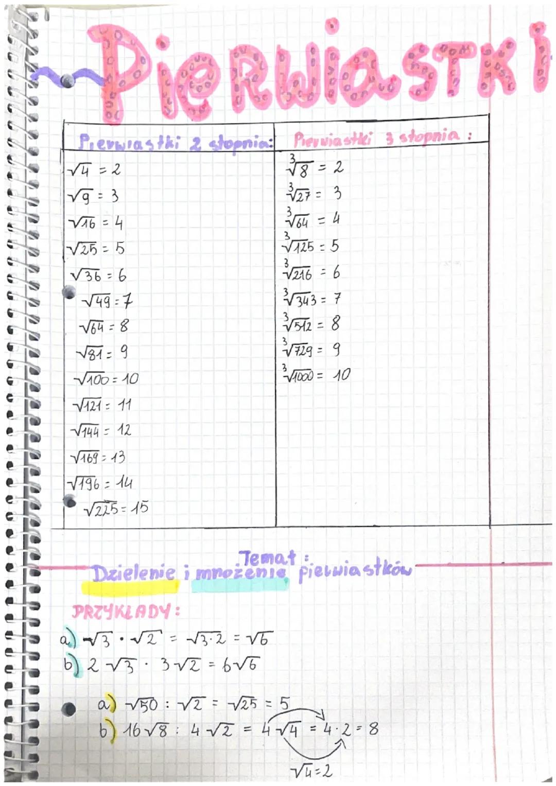Pierwia.STK
Pierwiastki 2 stopnia: Pierwiastki 3 stopnia :
√√√4 = 2
√√8 = 2
√√93
=
3√27 = 3
√16 = 4
√64 = 4
3.
√√√25=5
√125 = 5
3
√36=6
√216