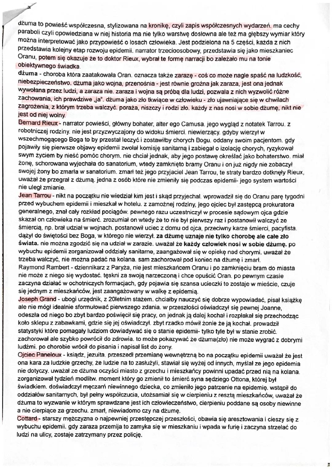 Dżuma - szczegółowe opracowanie i analiza bohaterów