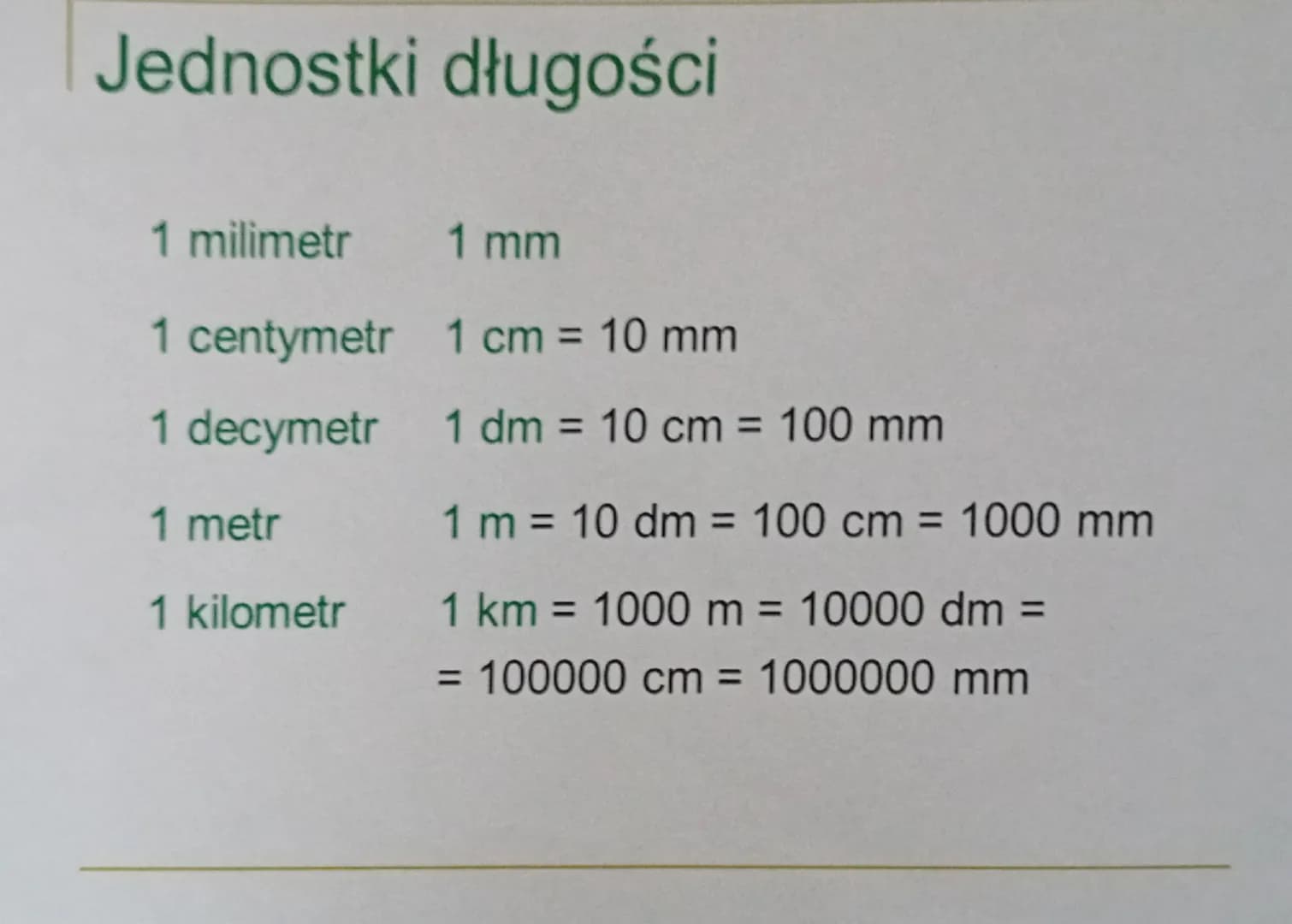 Jednostki długości
1 milimetr 1 mm
1 centymetr 1 cm = 10 mm
1 decymetr 1 dm = 10 cm = 100 mm
1 metr
1 kilometr
1 m = 10 dm = 100 cm = 1000 m