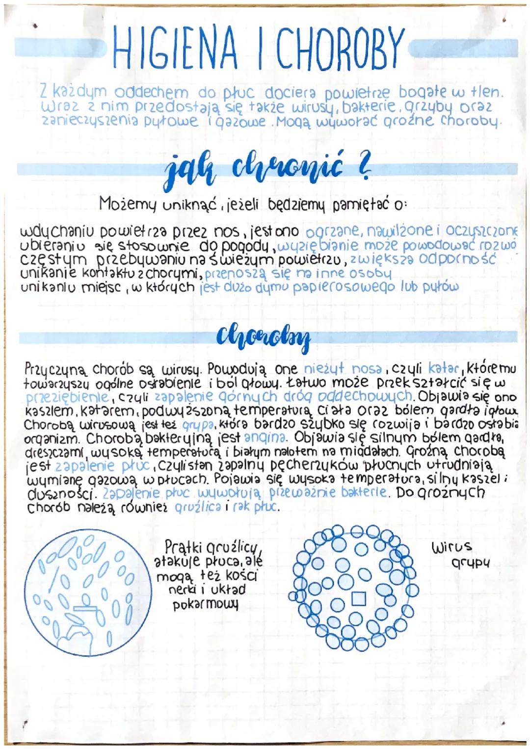 HIGIENA I CHOROBY
Z każdym oddechem do płuc dociera powietrze bogate w tlen.
Wraz z nim przedostają się także wirusy, bakterie, grzyby oraz
