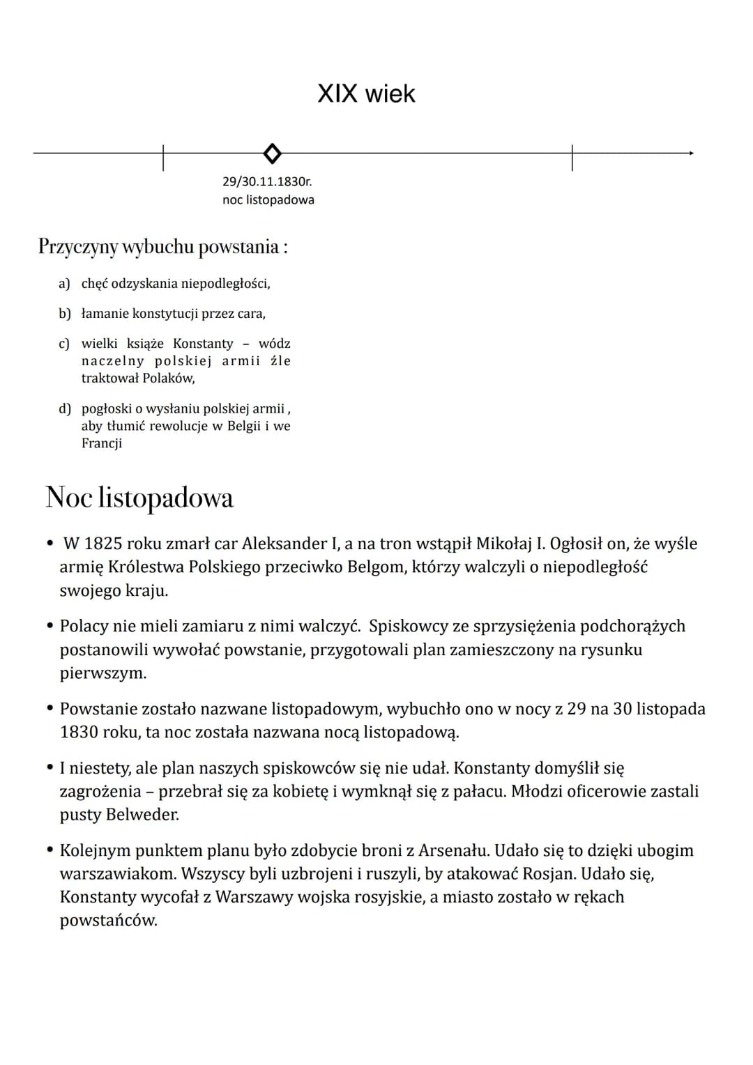 29/30.11.1830r.
noc listopadowa
Przyczyny wybuchu powstania:
a) chęć odzyskania niepodległości,
b) łamanie konstytucji przez cara,
c) wielki