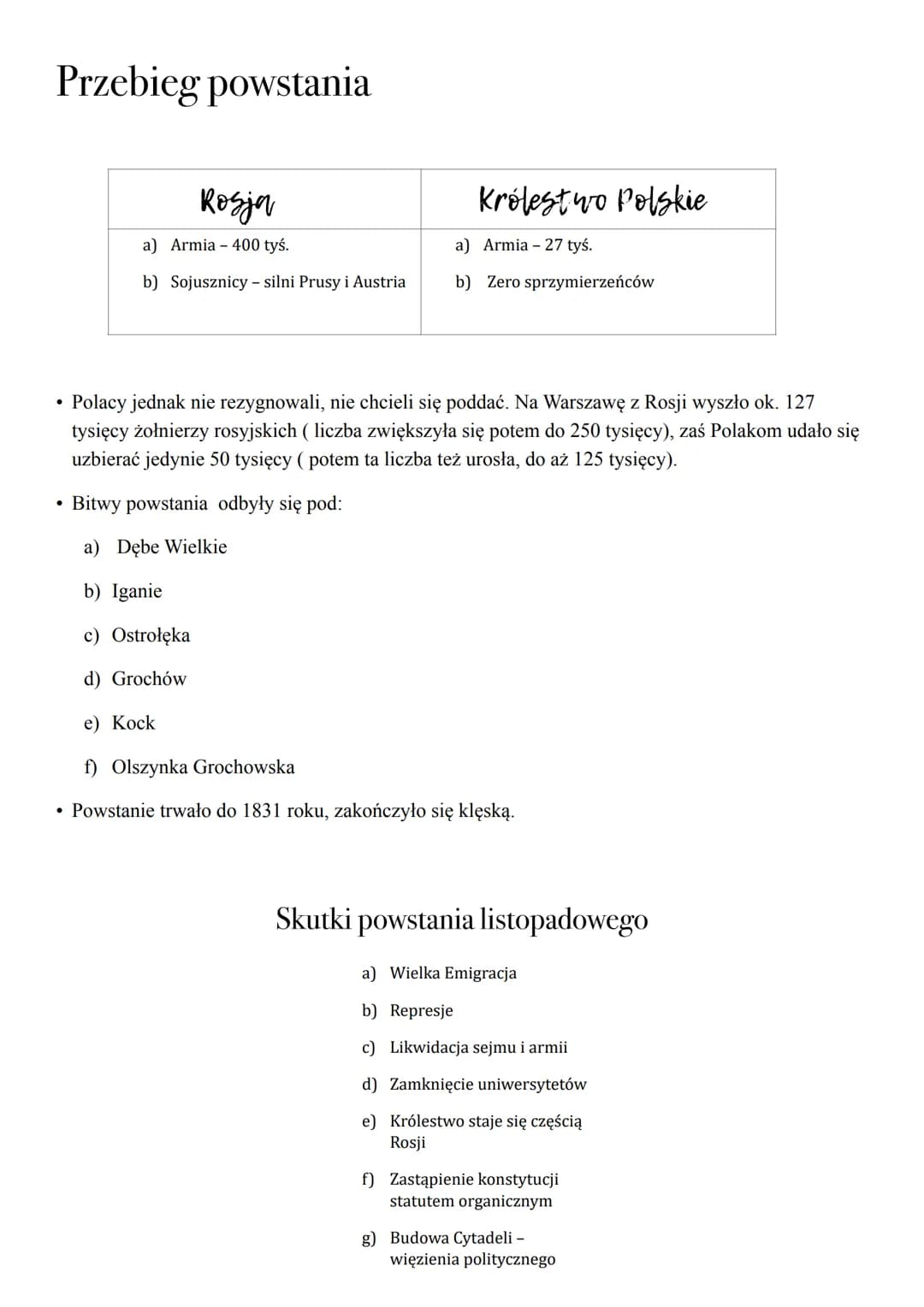 29/30.11.1830r.
noc listopadowa
Przyczyny wybuchu powstania:
a) chęć odzyskania niepodległości,
b) łamanie konstytucji przez cara,
c) wielki