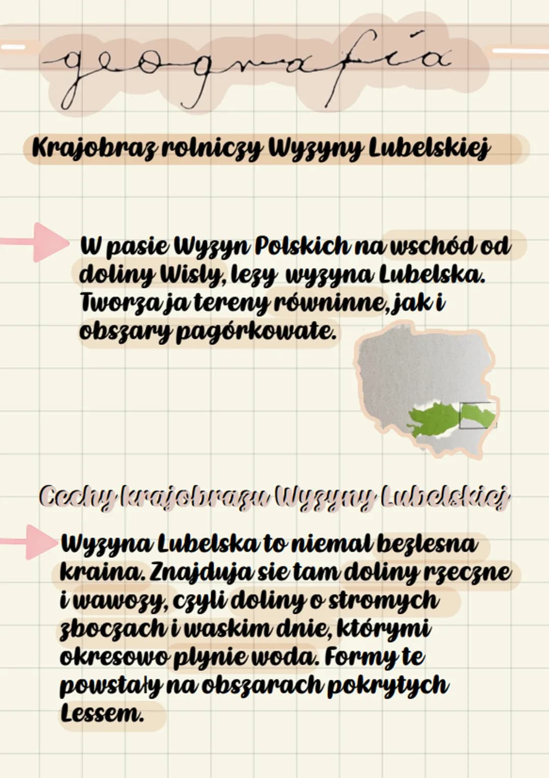 geografía
Krajobraz rolniczy Wyzyny Lubelskiej
W pasie Wyzyn Polskich na wschód od
doliny Wisly, lezy wyzyna Lubelska.
Tworza ja tereny równ
