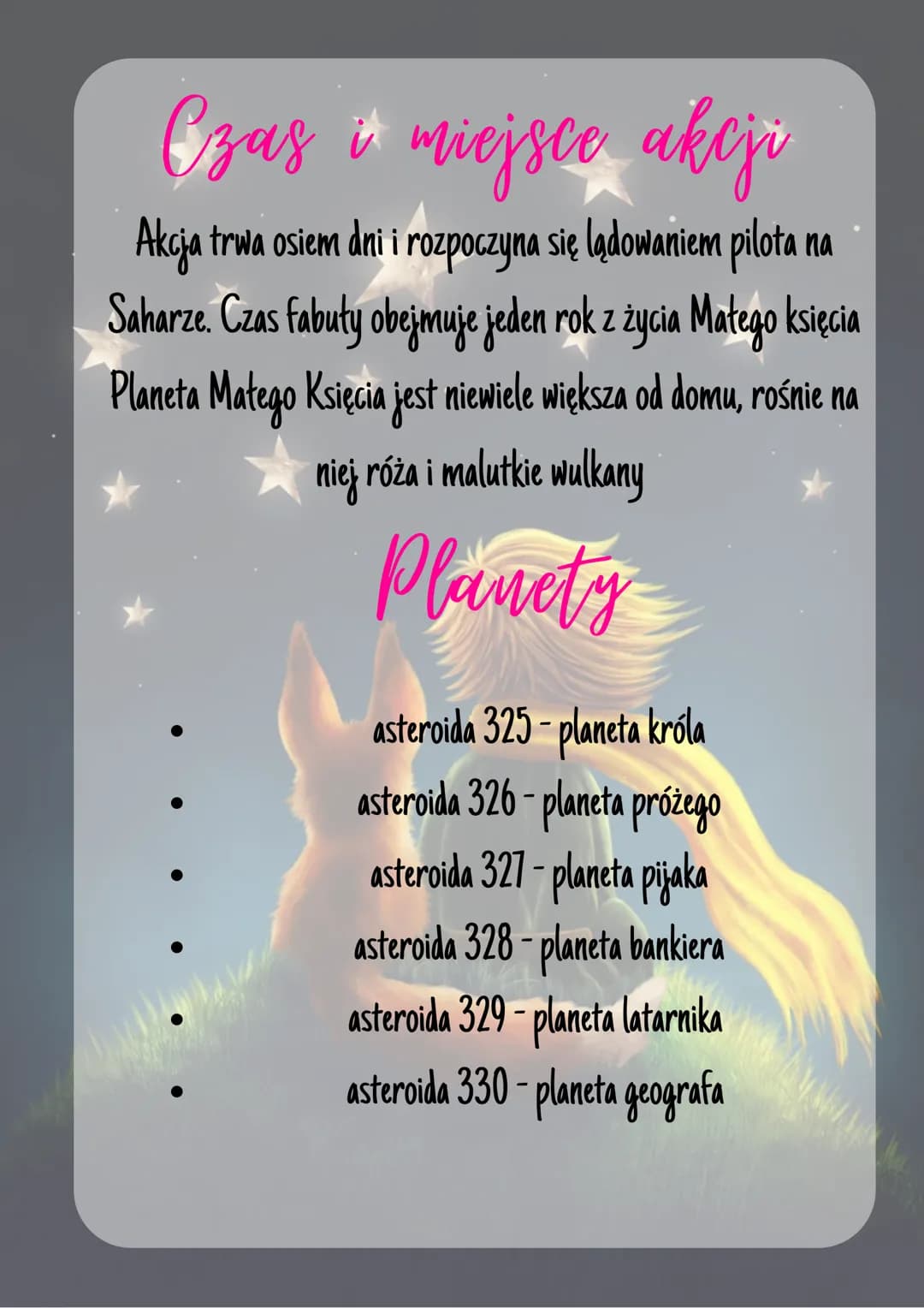 Maly ksiaze
Gatuenek
Lektura należy do epiki. Bohaterowie szukają odpowiedzi na pytania
o śmierci, sensie życia czy przyjazni
Cechy basni
gł