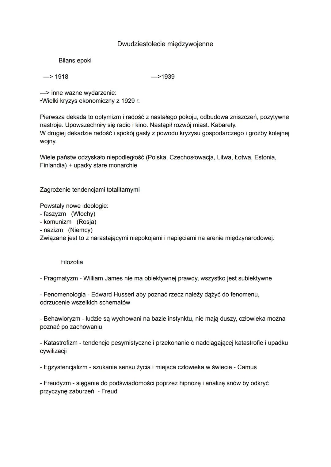 Bilans epoki
-> 1918
-> inne ważne wydarzenie:
Dwudziestolecie międzywojenne
•Wielki kryzys ekonomiczny z 1929 r.
->1939
Pierwsza dekada to 