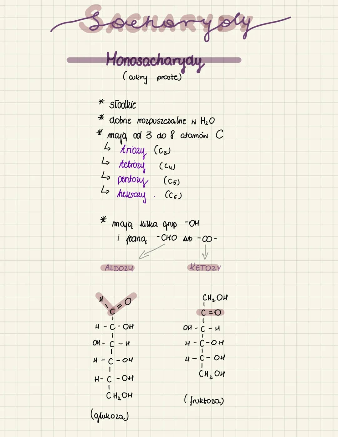 SACKARysy
Honosacharydy
(aukry praste)
* stodkic
*dobne rozpuszczalne w H₂O
*
maja, od 3 do 8 atomon с
- triory (са
4 tetrory ссил
↳ pentory