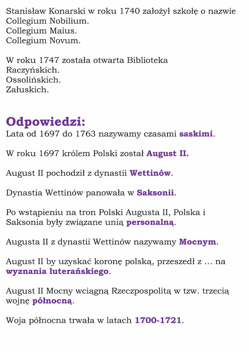 Czasy saskie - Test
Lata od 1697 do 1763 nazywamy czasami
saskimi.
stanisławowskimi.
zygmuntowskimi.
W roku 1697 królem Polski został
August