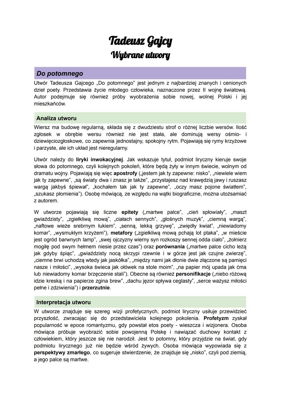 Tadeusz Gajcy
Wybrane utwory
Do potomnego
Utwór Tadeusza Gajcego „Do potomnego" jest jednym z najbardziej znanych i cenionych
dzieł poety. P