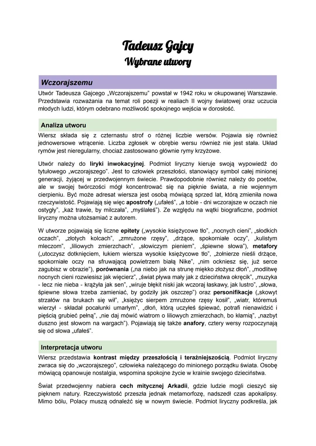 Tadeusz Gajcy
Wybrane utwory
Do potomnego
Utwór Tadeusza Gajcego „Do potomnego" jest jednym z najbardziej znanych i cenionych
dzieł poety. P