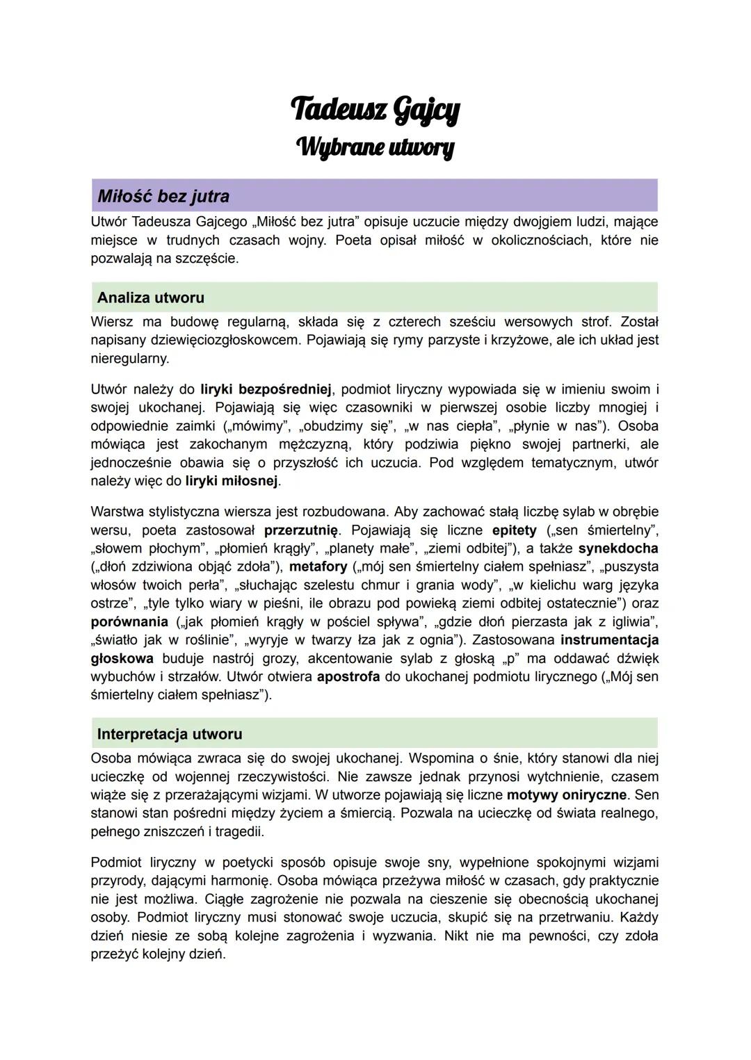 Tadeusz Gajcy
Wybrane utwory
Do potomnego
Utwór Tadeusza Gajcego „Do potomnego" jest jednym z najbardziej znanych i cenionych
dzieł poety. P