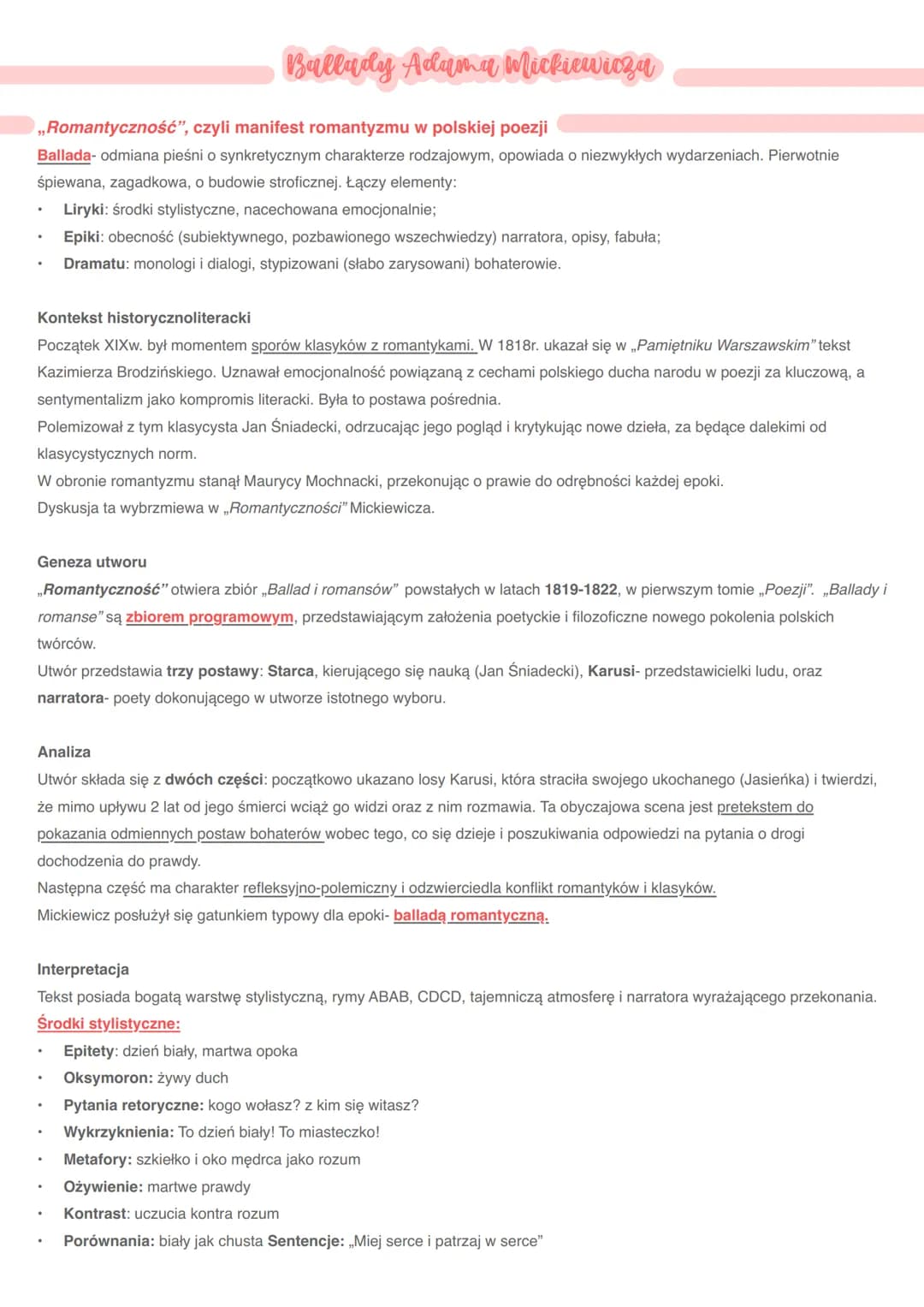 „Romantyczność", czyli manifest romantyzmu w polskiej poezji
Ballada- odmiana pieśni o synkretycznym charakterze rodzajowym, opowiada o niez