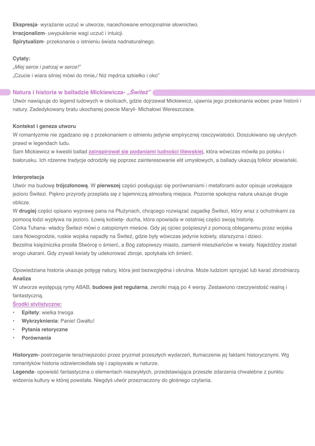 „Romantyczność", czyli manifest romantyzmu w polskiej poezji
Ballada- odmiana pieśni o synkretycznym charakterze rodzajowym, opowiada o niez