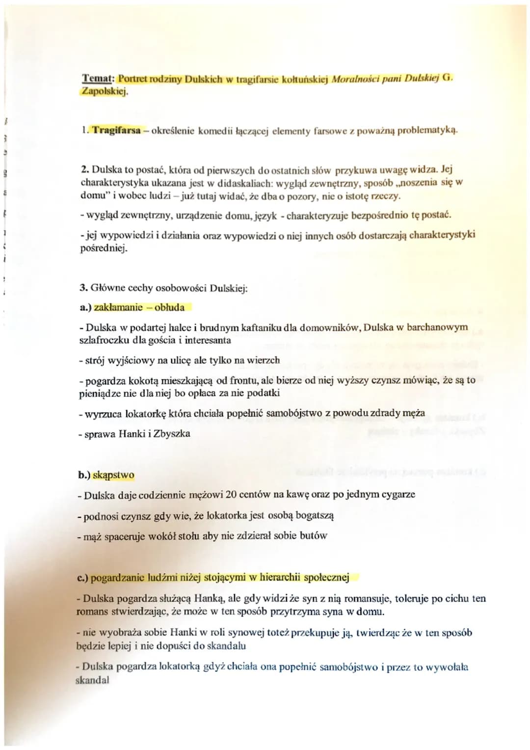 Temat: Portret rodziny Dulskich w tragifarsie kołtuńskiej Moralności pani Dulskiej G.
Zapolskiej.
1. Tragifarsa - określenie komedii łączące