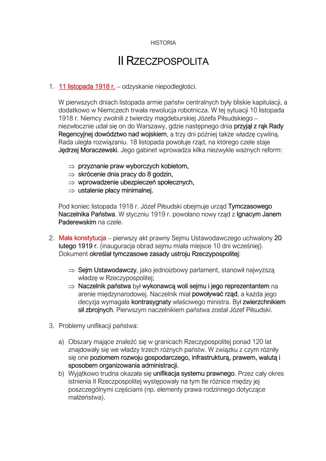 HISTORIA
II RZECZPOSPOLITA
1. 11 listopada 1918 r. - odzyskanie niepodległości.
W pierwszych dniach listopada armie państw centralnych były 