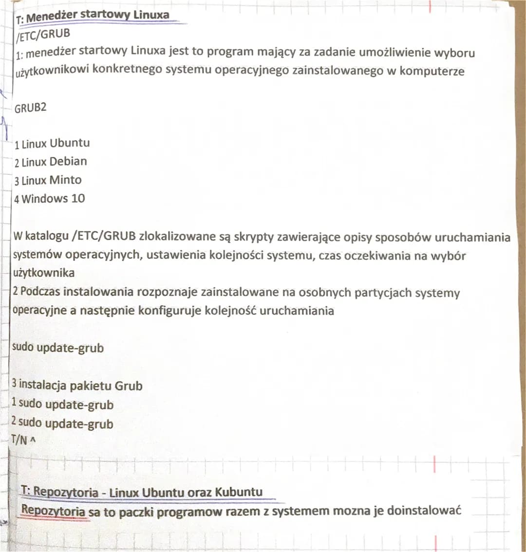T: Menedżer startowy Linuxa
/ETC/GRUB
1: menedżer startowy Linuxa jest to program mający za zadanie umożliwienie wyboru
użytkownikowi konkre