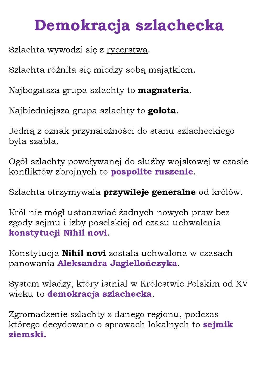 Demokracja szlachecka w Polsce - Notatka dla klasy 6