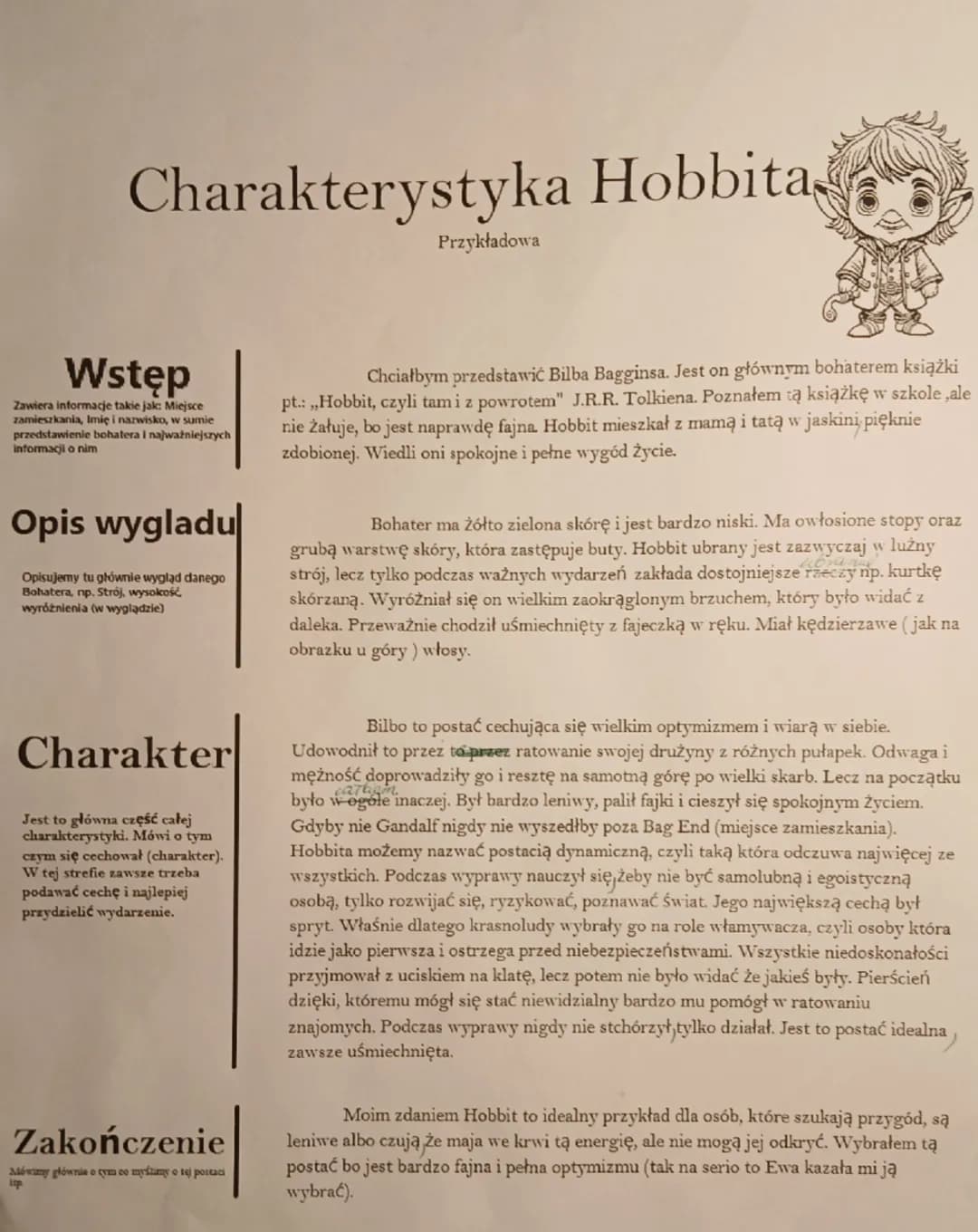 Charakterystyka Hobbita
Przykładowa
Wstęp
Zawiera informacje takie jak: Miejsce
zamieszkania, Imię i nazwisko, w sumie
przedstawienie bohate