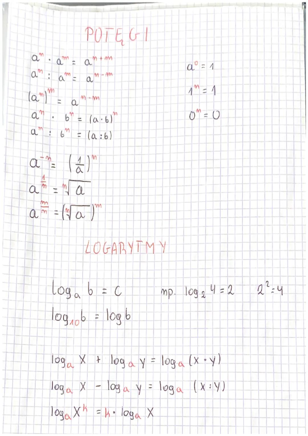 # POTĘGI

$a^n \cdot a^m = a^{n+m}$

$a^n : a^m = a^{n-m}$

$(a^n)^m = a^{n \cdot m}$

$a^n \cdot b^n = (a \cdot b)^n$

$a^n : b^n = (a : b)