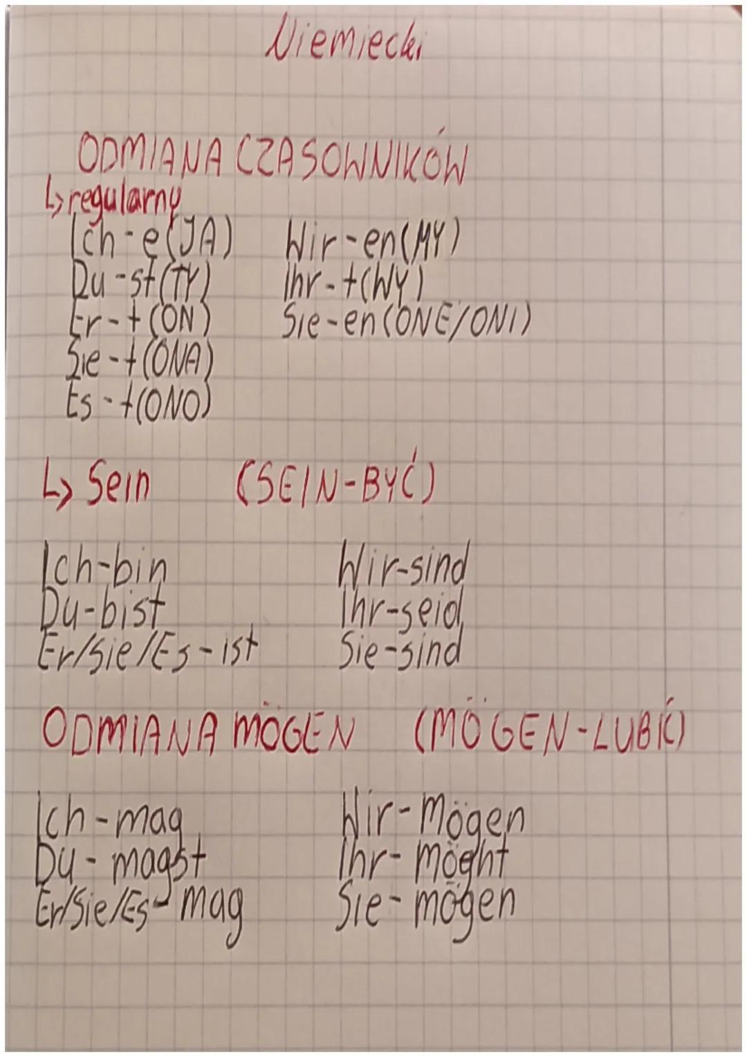 Niemiecki
ODMIANA CZASOWNIKOW
L> regularny
(ch-e(JA) Wir-en (MY)
Thr-+ (Wy")
Du - st (TY)
Er-+ (ON)
Sie-+ (ONA)
ts-+(ONO)
Sie-en (ONE/ONI)
(