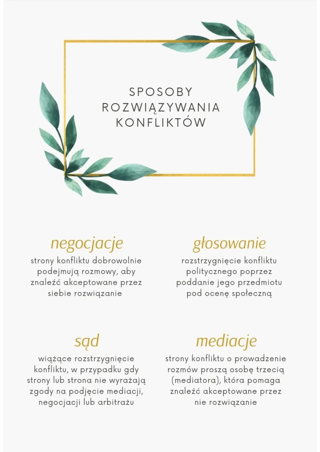 SPOSOBY
ROZWIĄZYWANIA
KONFLIKTÓW
negocjacje
strony konfliktu dobrowolnie
podejmują rozmowy, aby
znaleźć akceptowane przez
siebie rozwiązanie