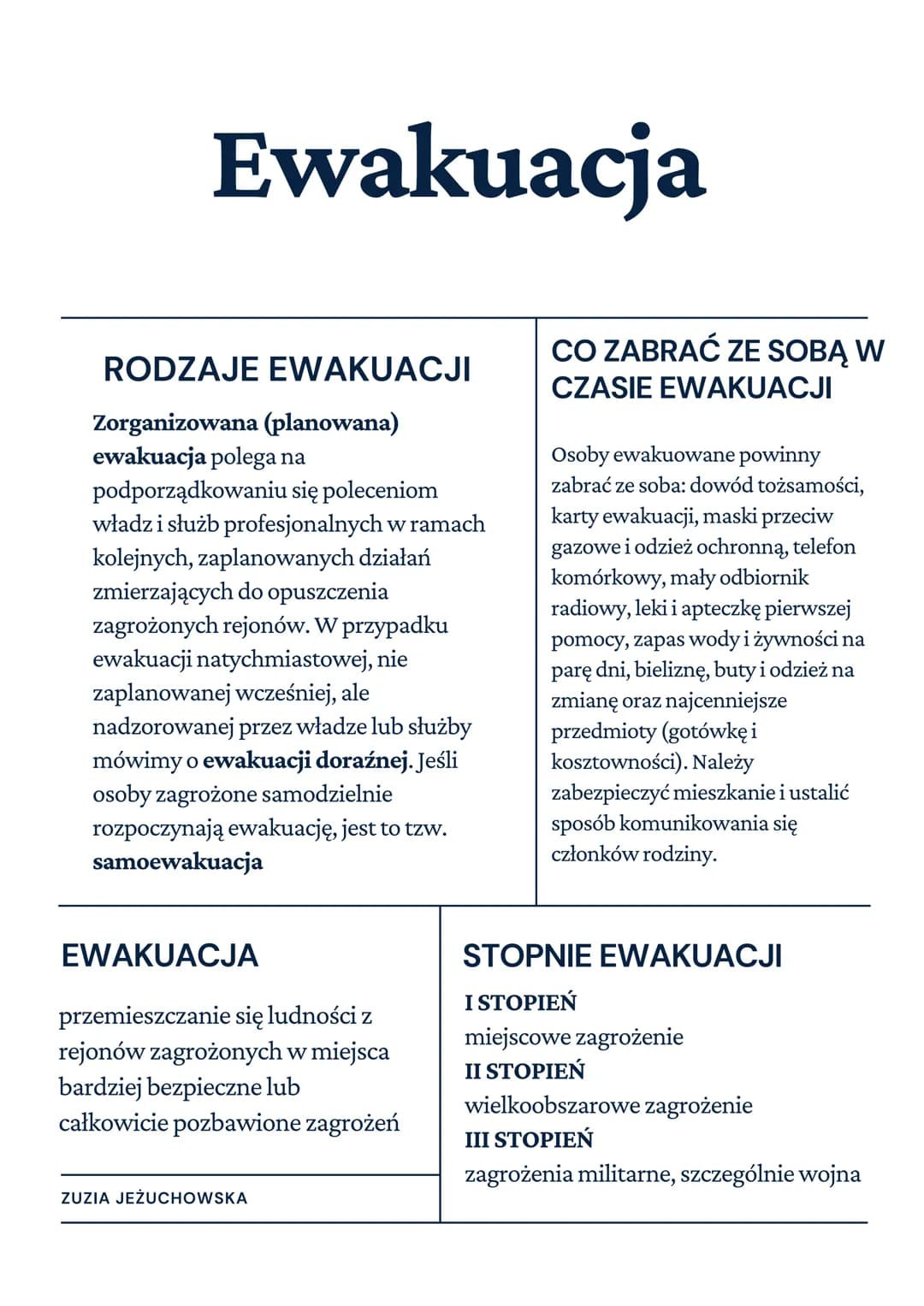 
<h2 id="rodzajeewakuacji">Rodzaje ewakuacji</h2>
<p>Zorganizowana (planowana) ewakuacja polega na podporządkowaniu się poleceniom władz słu
