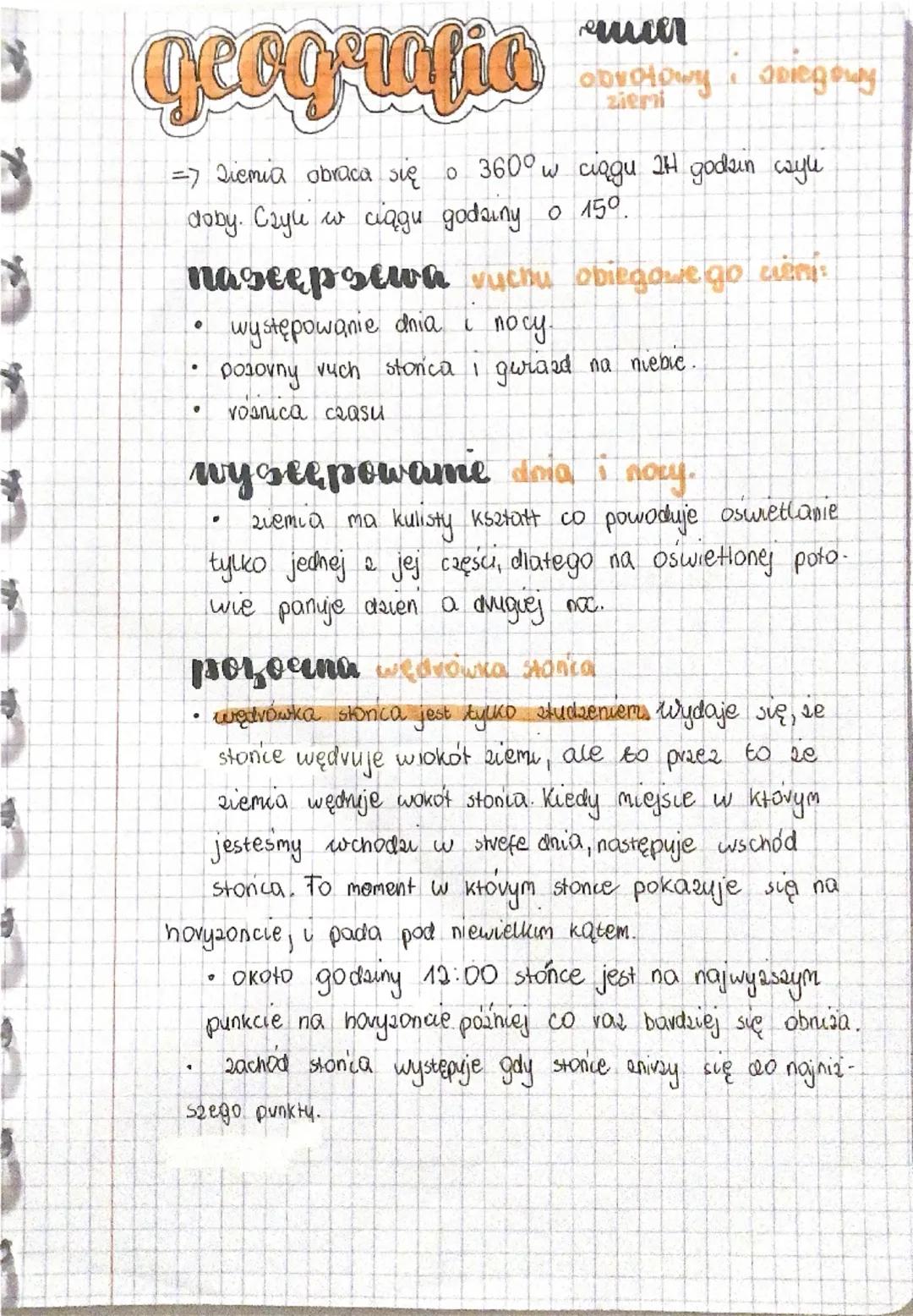 geografia

mer
obrotowy i obiegowy
zierni

=> Diemia obraca się o $360^\circ$w ciągu 24 godzin wyle
doby. Czylu w ciągu godziny o $150$.

na