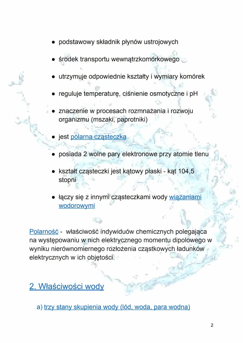 Woda i jej właściwości
+
H
.
105⁰
H
+
Woda - nieorganiczny związek chemiczny,
²
stężenie wody zależy od wieku i aktywności
organizmu, ok. 60