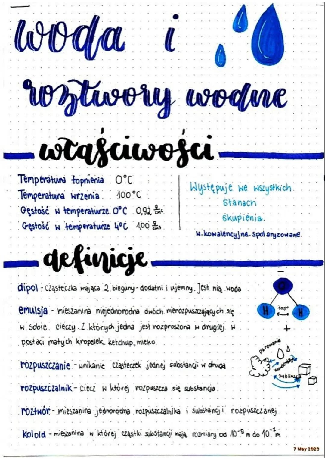 woda i .0
roztwory wodne
- właściwości
Temperatura topnienia 0°C
Temperatura wrzenia 100°C
Gęstość w temperaturze 0°C 0,92
Gestość w tempera