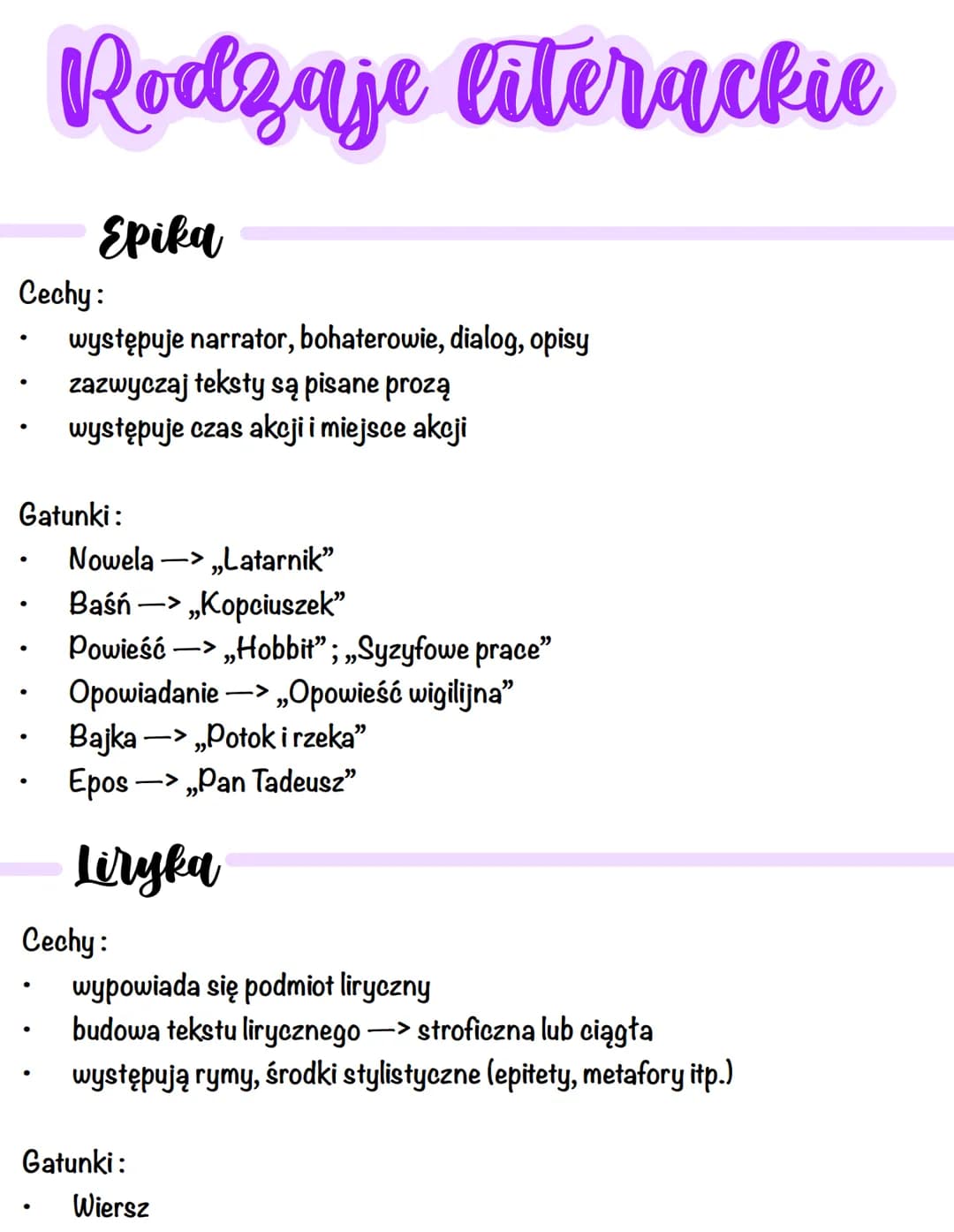 ●
Cechy:
●
●
Gatunki:
●
Rodzaje literackie
Epika
●
●
występuje narrator, bohaterowie, dialog, opisy
zazwyczaj teksty są pisane prozą
występu