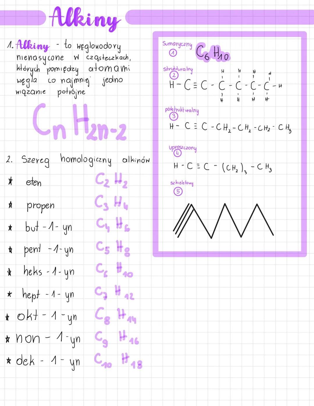 Alkiny
1. Alking to węglowodory
nienasycone W cząsteczkach,
których pomiędzy atomami
węgla co najmniej jedno
wiązanie potrójne
20-2
2. Szere