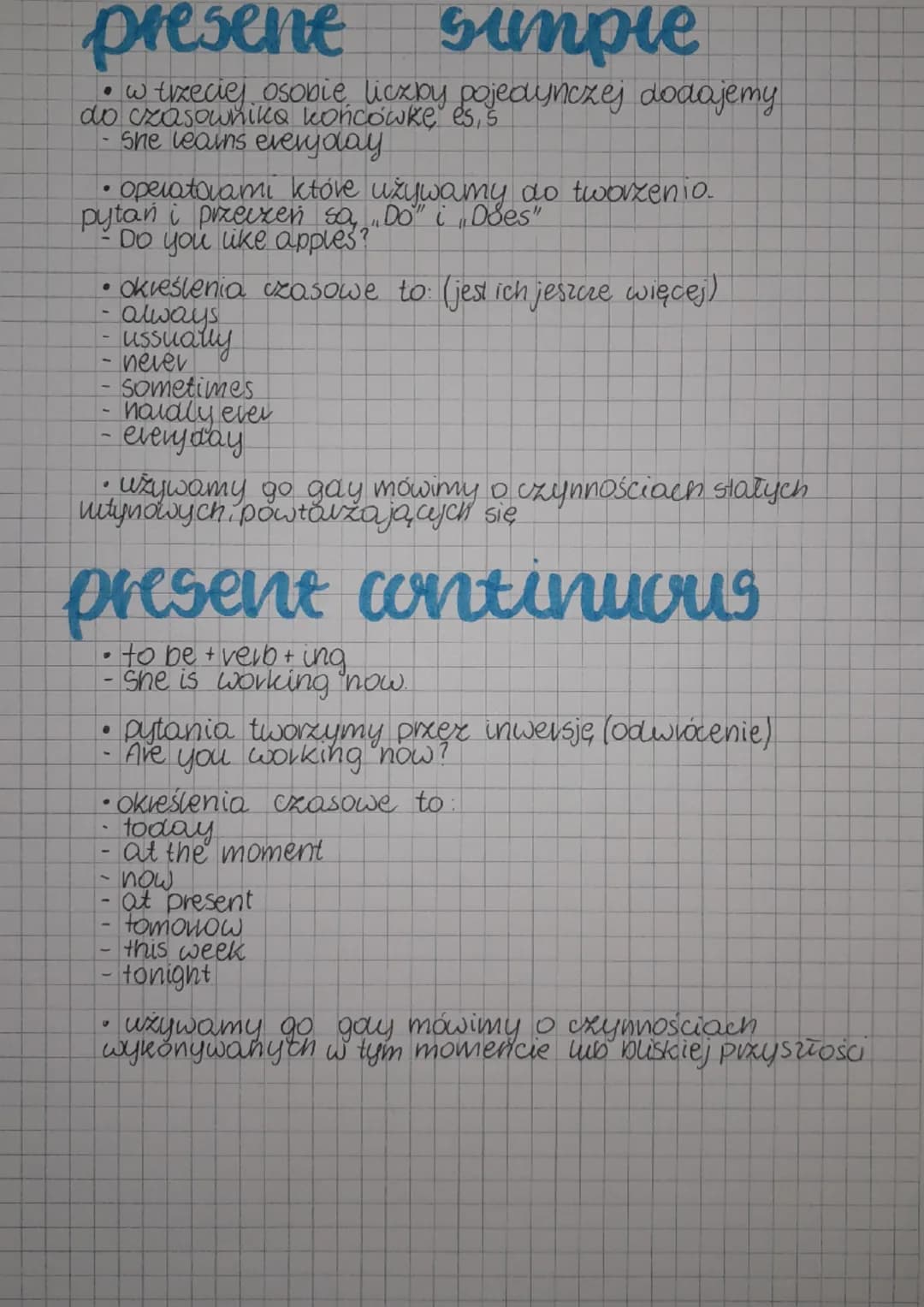 present sunpie
• w trzeciej osobie liczby pojedynczej dodajemy
do czasownika końcówke, es, s
she learns everyday.
operatorami któve używamy 