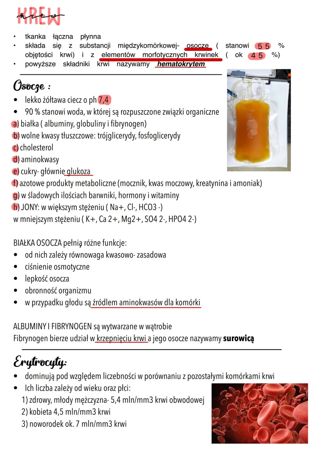 KREN
Osocze :
●
lekko żółtawa ciecz o ph 7,4
90 % stanowi woda, w której są rozpuszczone związki organiczne
białka (albuminy, globuliny i fi