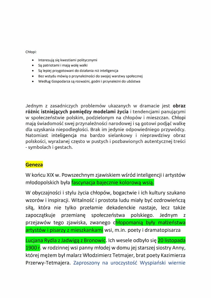 Akt 1
Temat: Opisanie obrazu wesela i dwóch grup społecznych (charakter realistyczno- społeczny)
Akt2
Temat: Przybycie zjaw, które pokazują 