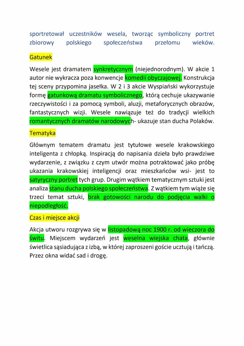 Akt 1
Temat: Opisanie obrazu wesela i dwóch grup społecznych (charakter realistyczno- społeczny)
Akt2
Temat: Przybycie zjaw, które pokazują 