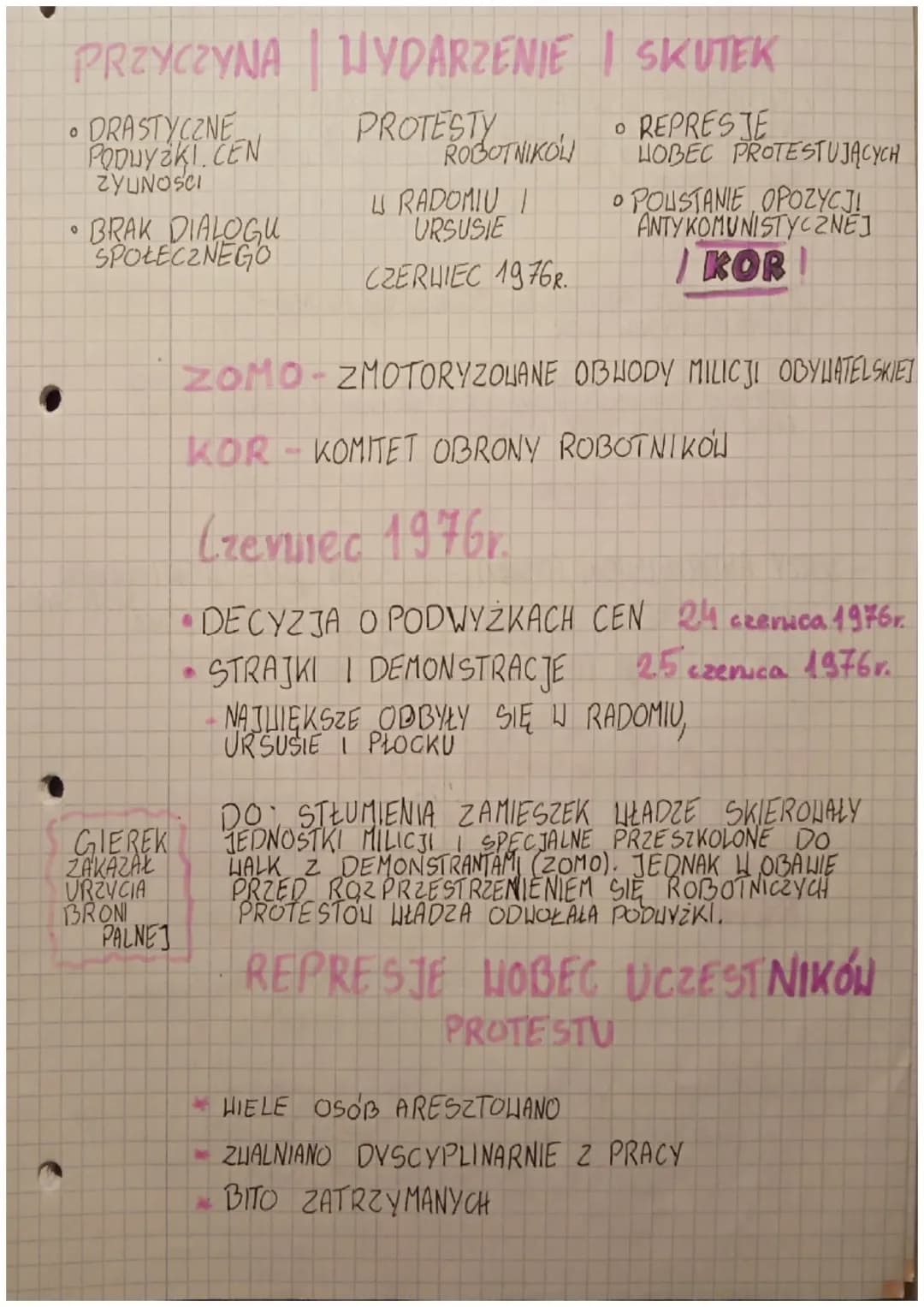 ●
PRZYCZYNA WYDARZENIE SKUTEK
PROTESTY
DRASTYCZNE
PODWYŻKI CEN
ZYUNOSCI
0
0
• BRAK DIALOGU
SPOŁECZNEGO
GIEREK
ZAKAZAŁ
URZYCIA
BRONI
PALNEJ
R